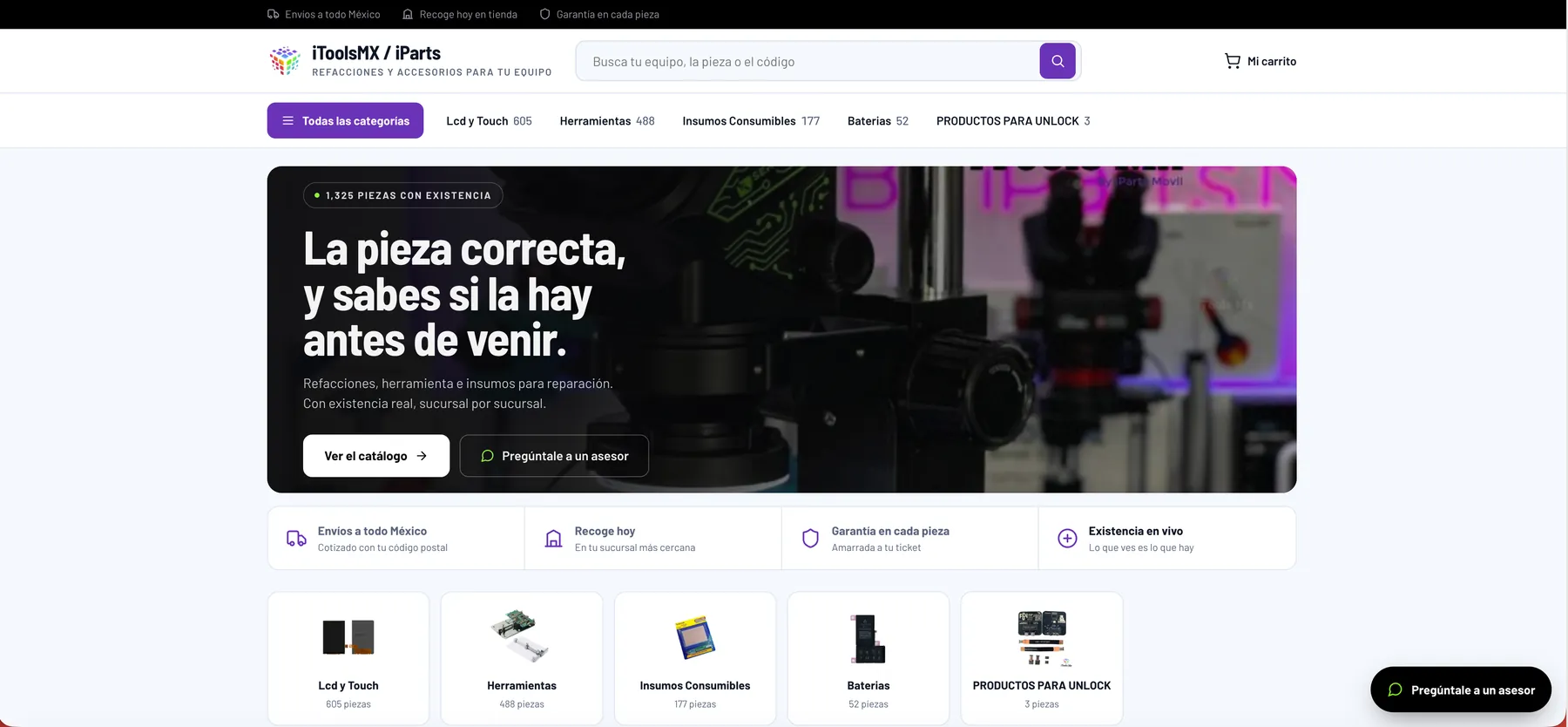 Tienda en línea de iToolsMX con categorías y existencias